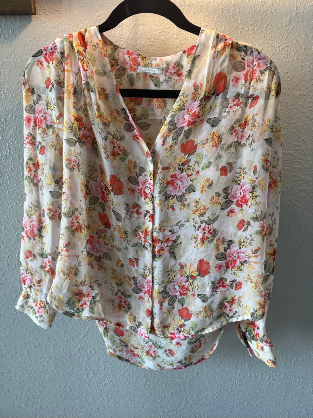Pleione Cream Floral V-Neck Button Blouse with Coral and Pink Flowers